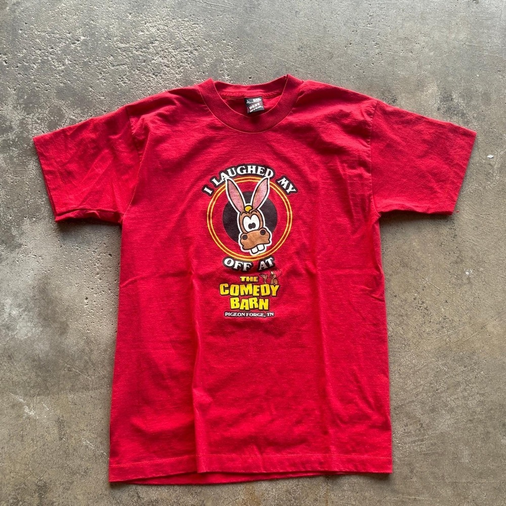 Vtg Fruit of the Loom T-Shirt Adult L Red Excellent Comedy Barn Donkey 90s USA